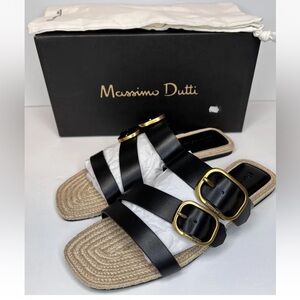 Massimo Dutti Women’s Black Jute Double Bkl Blk/Gold Leather Slides Sz 9 NWB!
